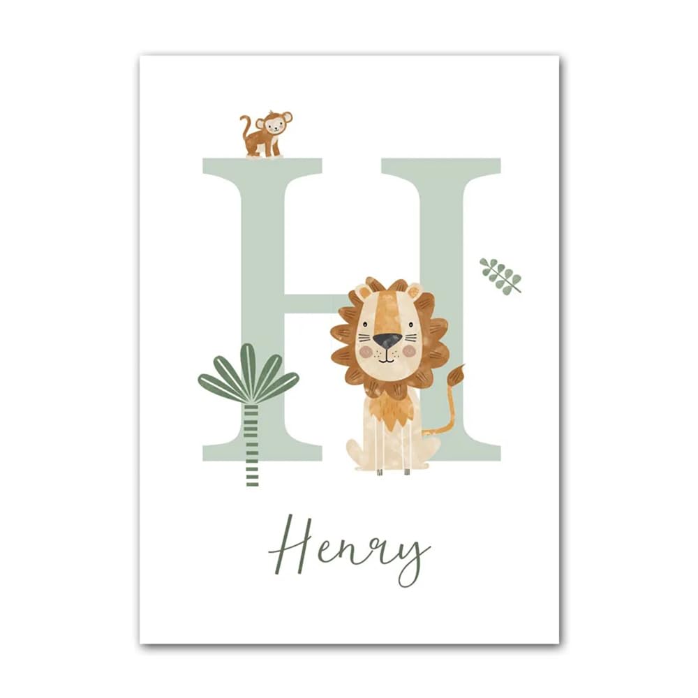 3 Quadri Giungla Bambini 30 x 40 Quadretti Personalizzati Bimba Poster Cameretta Neonato con Iniziale Nome Beige Verde Boho Stampe per Cameretta Ragazzi Zebra Giraffa Quadro Tela Senza Cornice