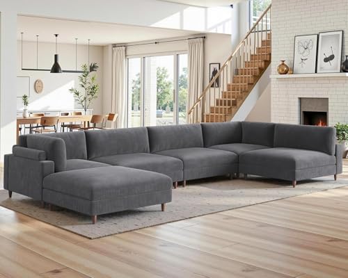 Jocisland Modular Sectional Sofa, 44" Deep Seat Modular Sofa, Oversized 6-Seater Sectional Couch for Plus-Size & Big Families, Grey Corduroy Living Room Couch, Easy Assembly