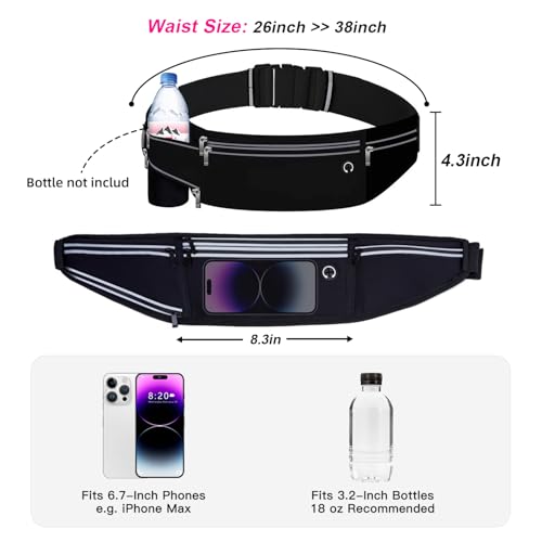 Image of Slim Running Belt for Women Men,Runners Fanny Pack Phone Holder,Money Belt,Running Gear Accessories,with 3 Pockets (Jet Black)