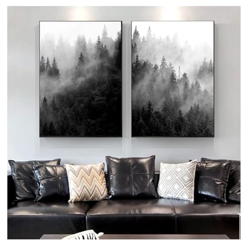Impressions sur toile pour habiller un grand mur vide paysage forêt brumeuse noir et blanc