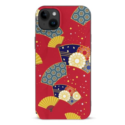 iPhone15Plus用ケース 扇子と赤色の和風 アイフォン15Plus用ケース スマホケース TPU 薄型 耐衝撃 おしゃれ ストラップホール付き ワイヤレス充電対応