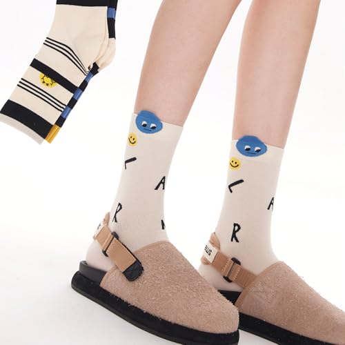 Image of Women's stockings 3 pieces | Smiling face combed cotton | Slip-proof cuffs | Spring and Summer white socks