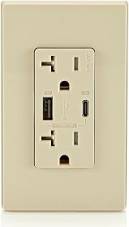 Leviton T5834-I 60W (20V@2.5A+ 5V@2A) USB Dual Type A/Type-C Power Delivery in-Wall Charger with 20A Tamper-Resistant Outlet, USB Charger for Smartphones, Tablets, Laptops, Ivory