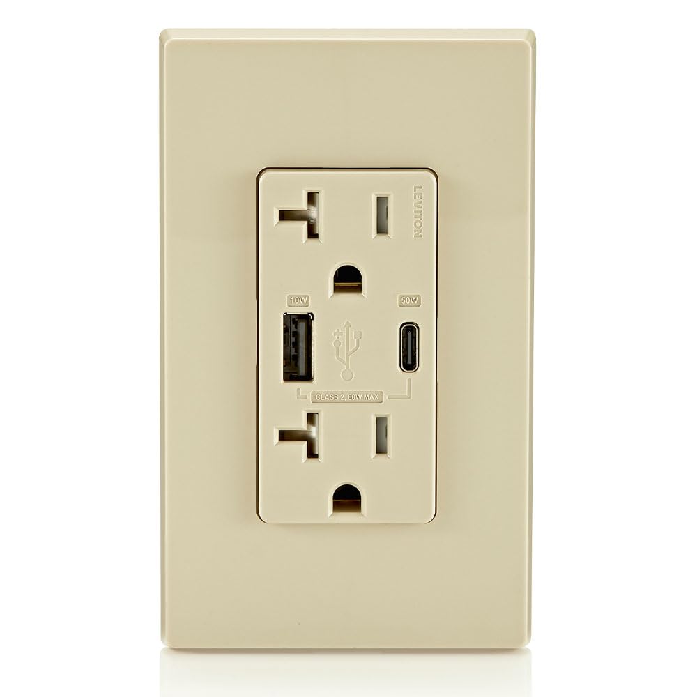 Leviton T5834-I 60W (20V@2.5A+ 5V@2A) USB Dual Type A/Type-C Power Delivery in-Wall Charger with 20A Tamper-Resistant Outlet, USB Charger for Smartphones, Tablets, Laptops, Ivory