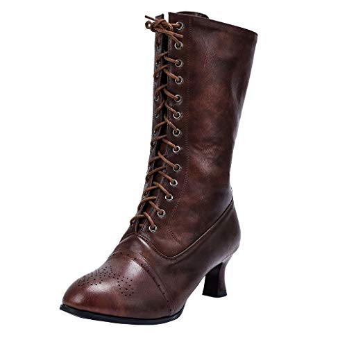 Botas de cordones para mujer, longitud de la pantorrilla, estilo victoriano y vintage, de cuero con tacón de Louis, estilo steampunk gótico, color Marrón, talla 39.5 EU