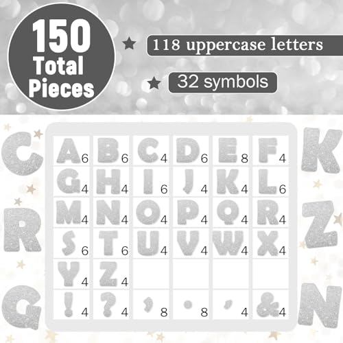 Image of Qyeahkj 150 PCS Large 6 inch Font Silver Letters and Punctuation Set Glitter Bulletin Board Poster Alphabet Cutout for Classroom School Display A Great Helper to Inspire Students' Learning Interest
