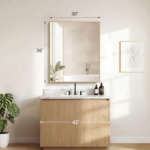Image of NEWBULIG 30 inch x 36 inch Gold Rectangle Bathroom Mirrors for Wall, Morden Wall Mirror with Metal Frame, Tempered Glass, Vanity Mirror for Over Sink, Entryway, Living Room, Anti-Rust, Horizontal or Vertical