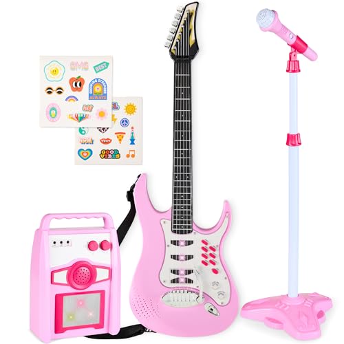 Best Choice Products Toy Kids Guitar Play Set Bundle, Pretend Play Toddler Electric Guitar Kit with Interactive Microphone, Amp, Whammy Bar, 6 Demo Songs and 2 Sticker Sheets - Soft Pink