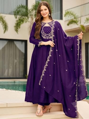 Image of Women's Vichitra Silk Anarkali Kurta Set with Dupatta | Embroidered Kurta Set for Women | Rust Orange Wedding & Festive Ethnic Dress