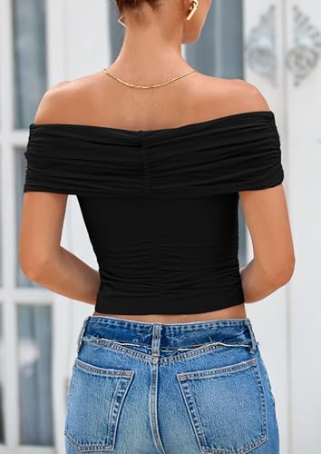 PRETTYGARDEN Summer Tops for Women 2025 Off Shoulder Short Sleeve Ruched Slim Fit Shirts Blouses Y2K Going Out Top2