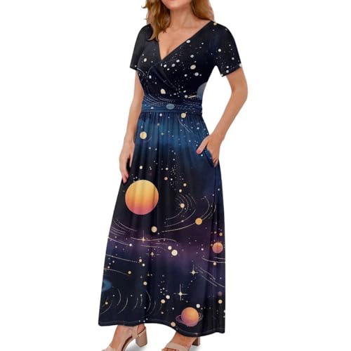 Image of Women's Fall Summer Short Sleeve Ankle Length V-Neck Party Dress with Pockets Size S-3XL