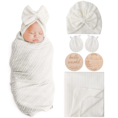 Image of AQOKKA Newborn Receiving Blanket with Bow Hat Mittens Wooden Card Set Wheat-Pattern Newborns Toddler Baby Boy Girl Nursery Swaddle Wrap