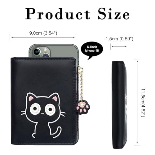 CONISY Small Wallet for Women, Leather Bifold RFID Blocking Compact Cute Wallet with Zipper Coin Purse, Gift Ideas for Teen Girls Ladies (Cat Black)4