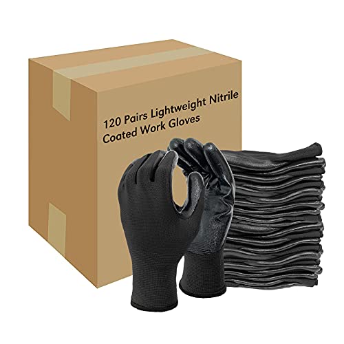 Evridwear Lightweight Nitrile Coated Grip Gloves for Women Men Work Gardening 12 Pairs (8 M, Black-120 pairs)