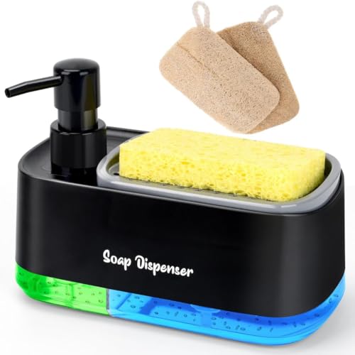 Image of 5-in-1 Kitchen Soap Dispenser Set with Sponge Holder - Dual Hand & Dish Soap Pump Dispenser for Sink Countertop with 2-Packs Natural Loofah Dish Sponge Dishwashing Scrubber,Black