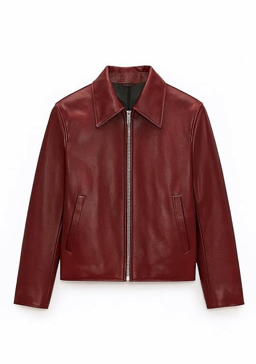 Men's Leather Jacket for Casual Wear | Classic Zip-Up Jacket with Band Collar | Regular Fit Full Sleeve Stylish Winter & Biker Style Jacket (Burgundy)-image-14