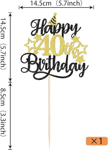 Image of Confetti! Glittering 40th Birthday Cake Topper with Star Hat - Cheers to 40 Years! Fabulous Cake Decorations for Adults 40th Birthday & Anniversary Party Supply