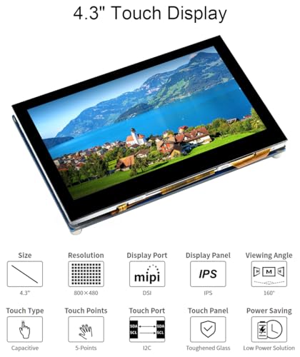 Image of waveshare 4.3 inch DSI LCD Display for Raspberry Pi 4B /3B+ /3A+ /3B /2B /B+ /A+ /Compute Module 3+ /3 /4, 800x480 Touchscreen Capacitive IPS Screen Monitor, Support Raspbian /Ubuntu /Kali /WIN10 IoT /Retropie