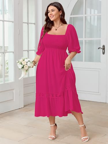 Image of SCOMCHIC Women's Plus Size Boho Maxi Dress Short Sleeve Square Neck Smocked Flowy A-Line Lace Trim Wedding Guest Dresses