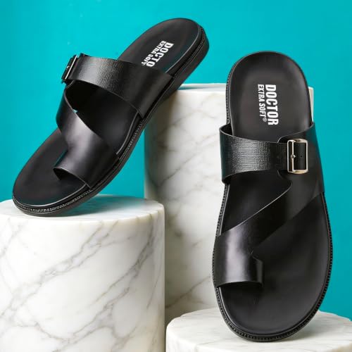 Image of DOCTOR EXTRA SOFT Men's Classic Casual Original Leather Thong Black /Brown Sandals /Chappals with Memory Foam Cushion| Stylish & Non-Slip|Comfortable | Lightweight |Flip flops Slippers Gents & Boys F-1