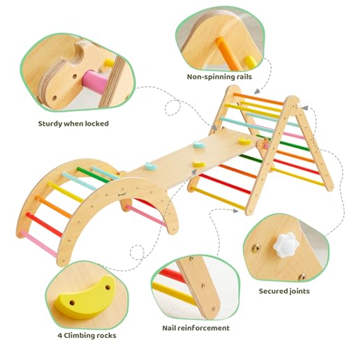 Image of Beright 5 In1 Pikler Triangle Gym, Foldable Climbing Triangle Ladder Toys with Ramp, Indoor Climbing Toys for Kids, Play Gym, Arch Climber, Rocker, Learning Waldorf Children Toy Structure, Rainbow