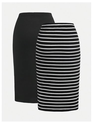 Verdusa Women's Plus Size 2 Pack Striped Slit Midi Skirts High Waist Pencil Skirt2