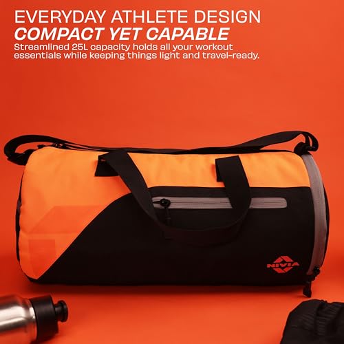 Image of Nivia Fuse Gym Duffle Bag for Men and Women, 25L Lightweight Training and Travel Bag with Shoe Compartment, Quick Access Pockets, and Adjustable Strap, Designed for Athletes, Travel (Black /Orange)