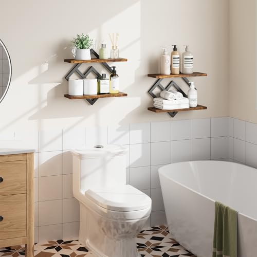Image of ELYKEN Floating Shelves for Wall, Set of 2 Hanging Shelves, 2-Tier Wall Mounted Storage Shelves for Books & Decor, Perfect for Living Room, Bedroom, Kitchen, Home Office, Study, Rustic Brown