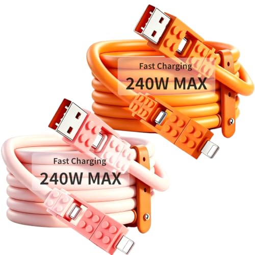 [2-Pack, 5 ft] 4 in 1 Silicone Building Block Style 60W USB A/C to C/Lightning Cable for iPhone 17 Charger Fast Charging Cable Flexible Multiple Types Cord [Vital Orange] image 5
