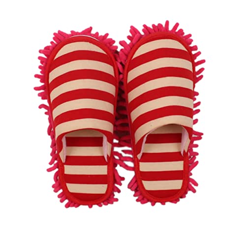 Beatifufu 1Pair Chenille Floor Cleaning Slippers Multi Function Mop Shoe Covers for Home Use Red for Tile Vinyl Floors for Lazy Cleaning