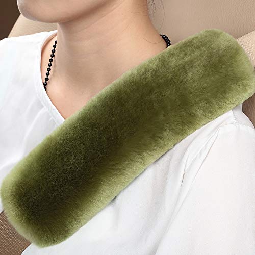 Image of Green 2 Pack Sheepskin Car Seat Belt Cover Pads | Wool Seatbelt Cushions