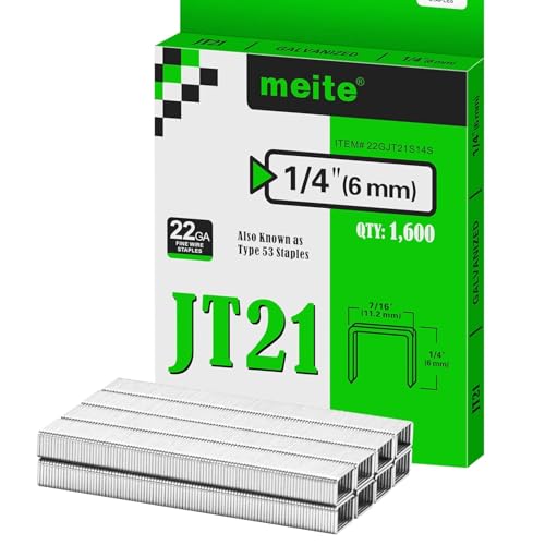 Image of meite JT21 Staples, 1 /4 Inch Galvanized Fine Wire Staples for Staple Gun - 7 /16 inch Crown JT21 Staple Refill, Ideal for Upholstery, Crafts, Furniture (1 Case)