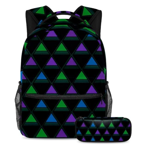 Sac à dos fille et garçon multicolore triangulaire, cartable ado 2 pièces avec trousse d'école