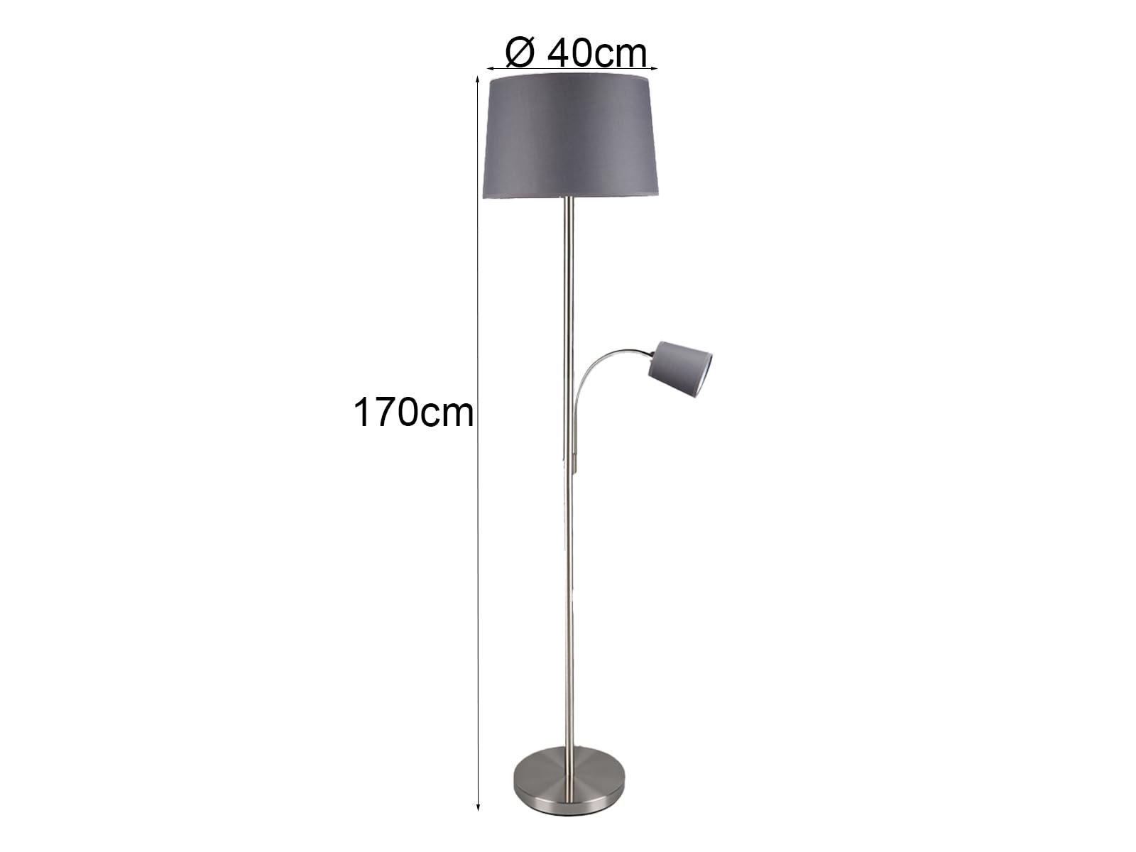 meineWunschleuchte Lampa podłogowa z lampką do czytania w kolorze srebrnym matowym z kloszem z tkaniny Ø40cm w kolorze szarym, SP1010218G