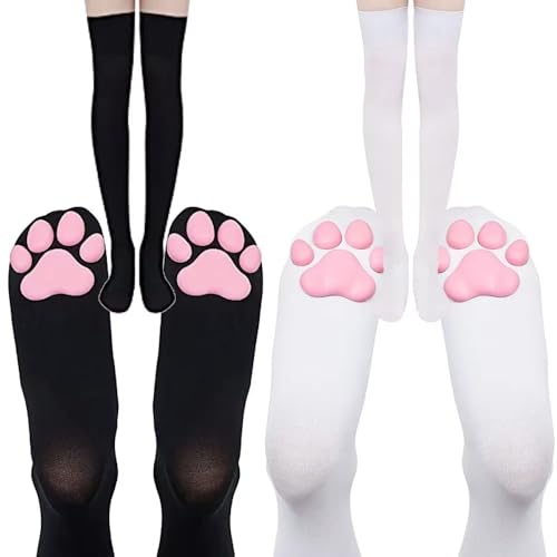 TUBAWD 2 Pairs Thigh Highs Cat Paw Socks Cute Over Knee Socks for Women Thigh High Sock with Paws for Cosplay & Daily Wear Thigh High Stockings with Black & White Cat Claw Pattern