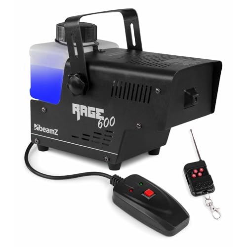 BeamZ RAGE600W Machine à Fumée 600 Watts, Réservoir 500 mL, Design Unique et Solide, Télécommande sans Fil et Filaire 3m, Etrier de Montage, Idéal pour une Soirée de 30 m²