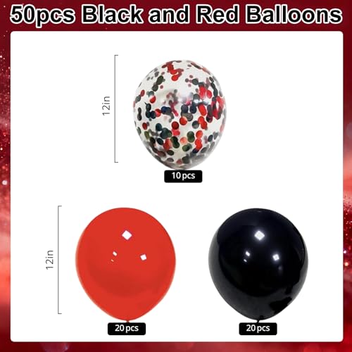 Image of 50 PCS Red & Black Balloons Set, Red Black Confetti Balloons Decorations, 12in Latex Balloons Kit for Birthday, Party, Graduation, Anniversary, Celebration Supplies