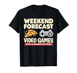 Herren Kinder Wochenendvorhersage Videospiel Gaming Pizza Liebhaber T-Shirt