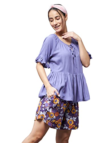 Image of Miss Chase Women's Lavender Round Neck Short Sleeve Floral Front Placket Short Top & Shorts Sets