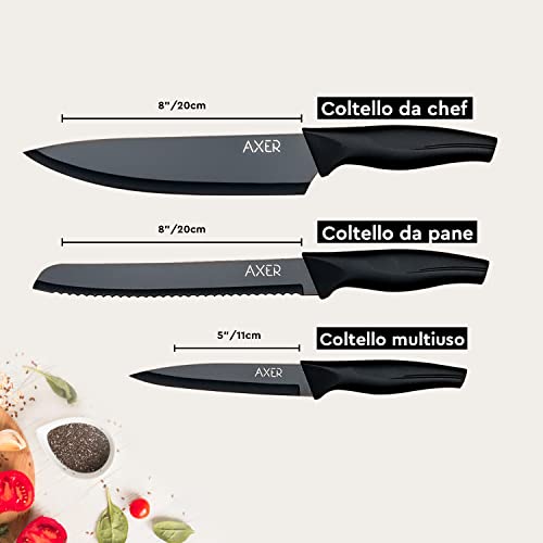 Axer 3 Pezzi Set Coltelli da Cucina Professionali Neri - Chef Knife - Inox - immagine 3