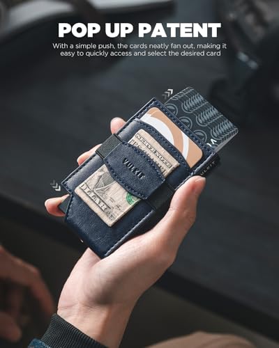 VULKIT Pop up Card Wallet with Money Strap Leather Front Pocket Card Holder with ID Window RFID Blocking Business Card Case for Men (Navy)2