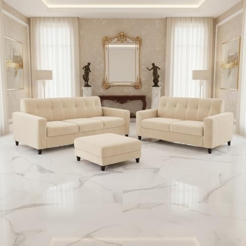 Image of Homeboy Luxe Velvet-Suede Fabric 3 + 2 Seater with Ottoman Sofa Set | Comfortable & Spacious Seating for Upto 6 Person | Modern Sofa Set for Living Room - Cream