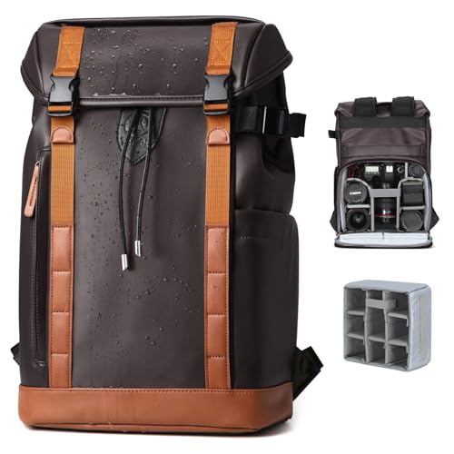 TARION Mochila para cámara réflex profesional, con compartimento para portátil de 14 pulgadas, mochila DSLR para trípode, cámara objetivo con funda protectora para lluvia, marrón, medium, Mochila para