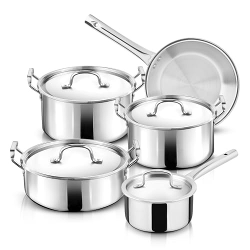 Bergner Triply Stainless Steel 9-Piece Cookware Set | Saucepan 16cm Casseroles 24cm & 28cm Large Cooking Pot 28cm Frypan 24cm & 4 Lids | Induction & Gas Compatible Healthy Low-Oil Cooking Pan Set