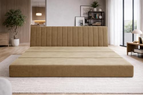 Image of 3-Seater Floor Sofa Cum Bed Modern Velvet Fabric Folding Couch for Living Room, Guest Room & Small Spaces-Golden
