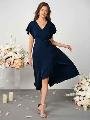 Womens Wedding Guest Midi Dress Flutter Sleeve V Neck Wrap High Low Bridesmaid Cocktail Formal Dresses for Women3