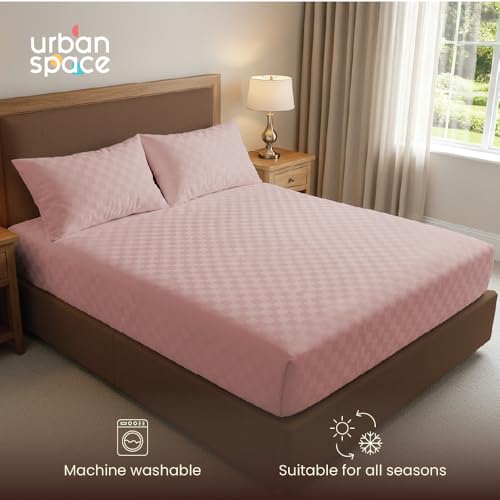 Image of Urban Space 100% Cotton 300TC Jacquard bedsheets for King Size Bed, Pure Cotton Bedsheet King Bed, Checks bedsheet King Size with 2 Pillow Covers (108 x 108 Inches, Dusty Pink Cubes)