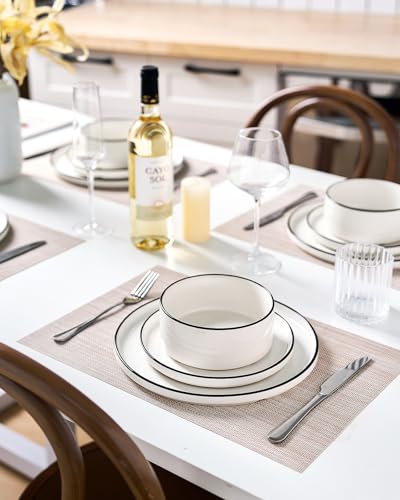 Image of Famiware Porcelain Dinnerware Set, 24-Piece Modern Plate and Bowl Set, dish set for 8, Microwave and Dishwasher Safe Tableware, White with Black Trim