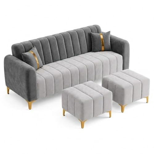 Image of FURNY Harmony 5 Seater L Shape Sofa Set with 2 Movable Ottoman & Golden Legs | Flexible Left or Right Layout | Plush Velvet Fabric (Dark Grey-Light Grey) | Perfect For Living Room, Guest Room & Office