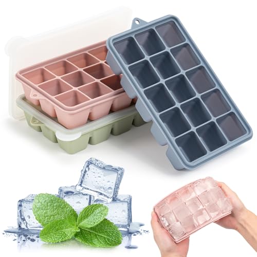 Lot de 3 bacs à glaçons en silicone, 15 bacs à glaçons carrés avec couvercle, faciles à démouler pour cocktails, whisky, aliments pour bébés, chocolat,...